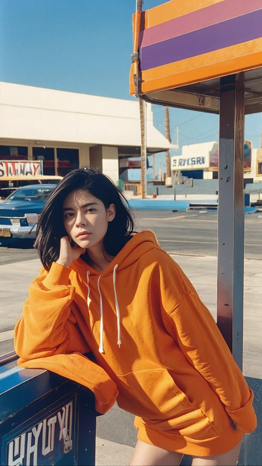 portrait of a 23 yo girl ,wear (((color orange oversized hoodie))), wear ((purple tennis skirt)),looking front,Best Quality,Masterpiece,Ultra High Resolution,(Realisticity:1.4),Original Photo, 1Girl, light leak,ultra high resolution,UHD,beautiful, (black bob hair), almond eye, no makeup, in front of ((80's gas station)), (realistic:1.2), (surreal:1.3), (very detailed:1.1), ((masterpiece)),summer, blue sky, palm trees,sunny, los angles vibes,film camera, 800mm lens,style of Philip Lorca diCorcia