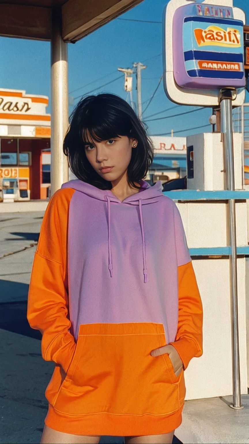 portrait of a 23 yo girl ,wear (((color orange oversized hoodie))), wear ((purple tennis skirt)),looking front,Best Quality,Masterpiece,Ultra High Resolution,(Realisticity:1.4),Original Photo, 1Girl, light leak,ultra high resolution,UHD,beautiful, (black bob hair), almond eye, no makeup, in front of ((80's gas station)), (realistic:1.2), (surreal:1.3), (very detailed:1.1), ((masterpiece)),summer, blue sky, palm trees,sunny, los angles vibes,film camera, 800mm lens,style of Philip Lorca diCorcia
