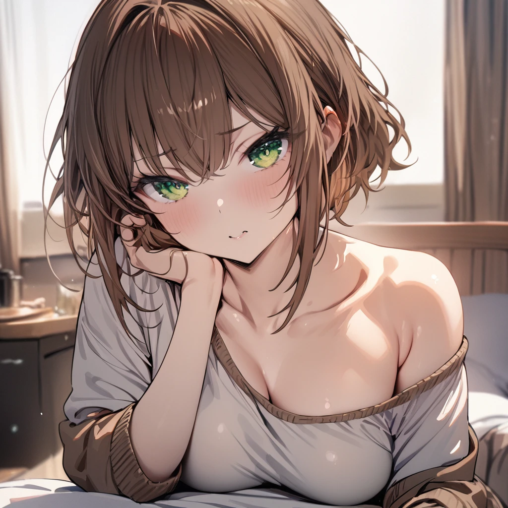 (Masterpiece, Best Quality:1.2), 1 girl, wavy brown hair, green eyes