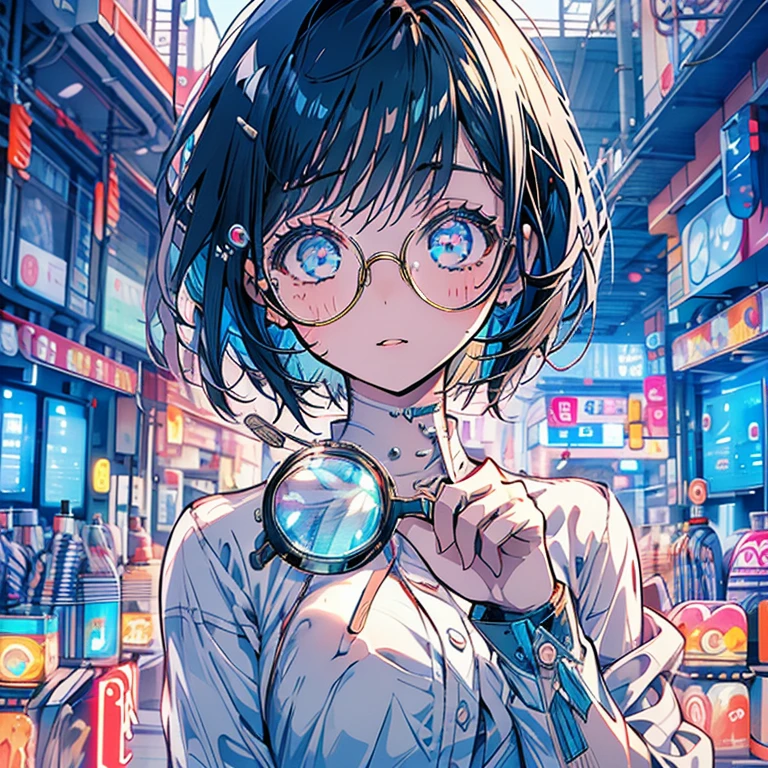Highest quality、masterpiece、One girl、Neon Town、Round glasses、Black Hair、short hair、naked、Ecstasy face、Big Breasts、Transparent nipples、sexy