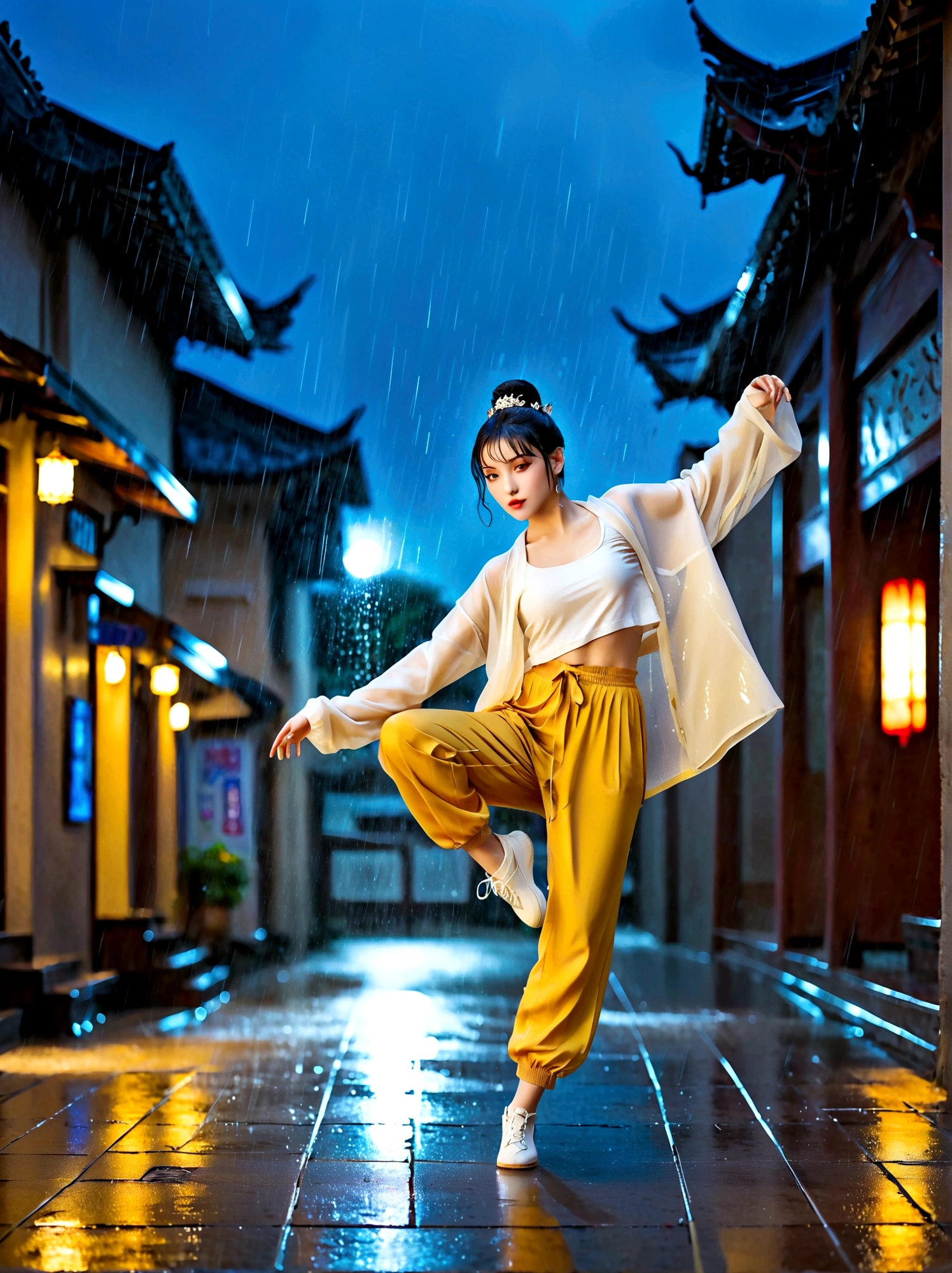A girl full of energy，Showing off her breakdancing skills on a graffiti-covered urban dance floor，She was barefoot，Loose and comfortable clothes，Perfect for dancing，Her black hair was tied into a high ponytail.，One hand rotation，Spin your feet in the air，In the heavy rain，The scene is filled with cold rain，The audience was impressed，She performed a complex move with ease.，The energy she captures is palpable，The air is filled with the rhythm of street music