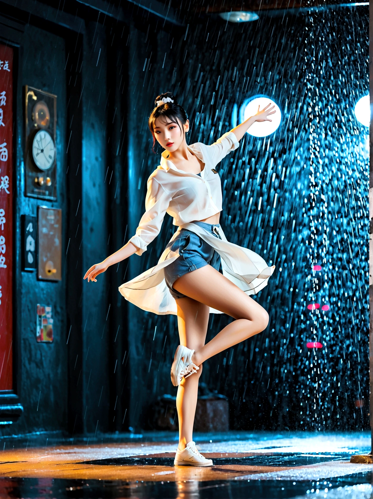 A girl full of energy,Showing off her breakdancing skills on a graffiti-covered urban dance floor,((beautiful eyes)),((Perfect and refined limbs)),She was barefoot,Loose and comfortable clothes,Perfect for dancing,Her black hair was tied into a high ponytail.,One hand rotation,Spin your feet in the air,(heavy rain:1.5),(The scene is filled with cold rain),The audience was impressed,She performed a complex move with ease.,The energy she captures is palpable,The air is filled with the rhythm of street music,(masterpiece,Best quality:1.2),lifelike,Reality,梦幻般的Light芒,错综复杂的detail,Ultra Detailed,detail,High contrast,美丽细致的Light芒,Bright,更多detail,精细发Light,very fine 8K CG wallpaper,Depth of Field,Abuse of color difference,Soft colors,非常精致的Light线,眩Light,Light,Light粒子,reflection