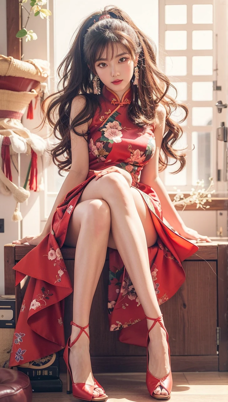 Beautiful Japanese Waifu, early 30s, brunette hair, red qipao, sitting with legs crossed