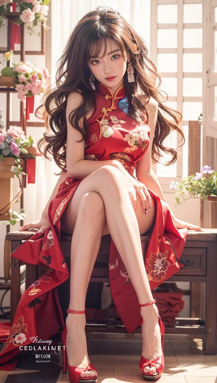 Beautiful Japanese Waifu, early 30s, brunette hair, red qipao, sitting with legs crossed