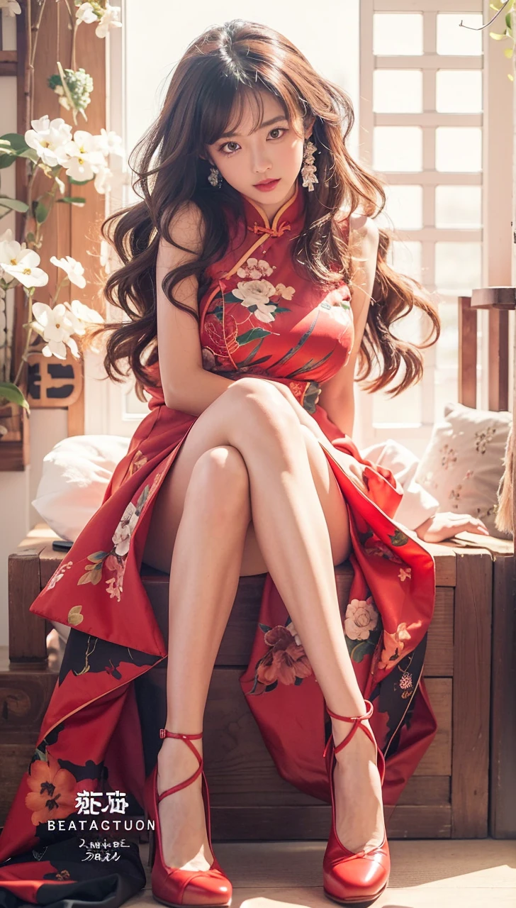 Beautiful Japanese Waifu, early 30s, brunette hair, red qipao, sitting with legs crossed