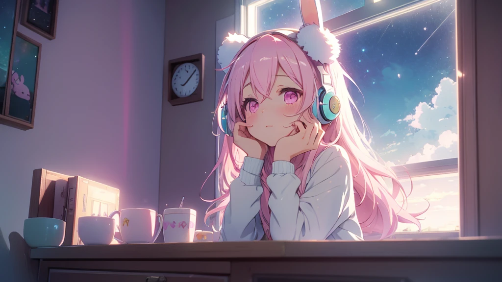 Highest quality, pretty girl, pastel colour, Fluffy bunny ears, Pink long hair,Pale pink eyes,You can see the starry sky from the window,Chill Pop,Lo-Fi,Wearing pink headphones