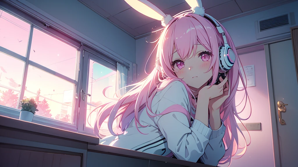 Highest quality, pretty girl, pastel colour, Fluffy bunny ears, Pink long hair,Pale pink eyes,You can see the starry sky from the window,Chill Pop,Lo-Fi,Wearing pink headphones
