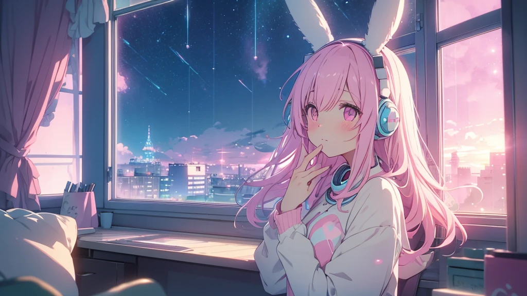 Highest quality, pretty girl, pastel colour, Fluffy bunny ears, Pink long hair,Pale pink eyes,You can see the starry sky from the window,Chill Pop,Lo-Fi,Wearing pink headphones