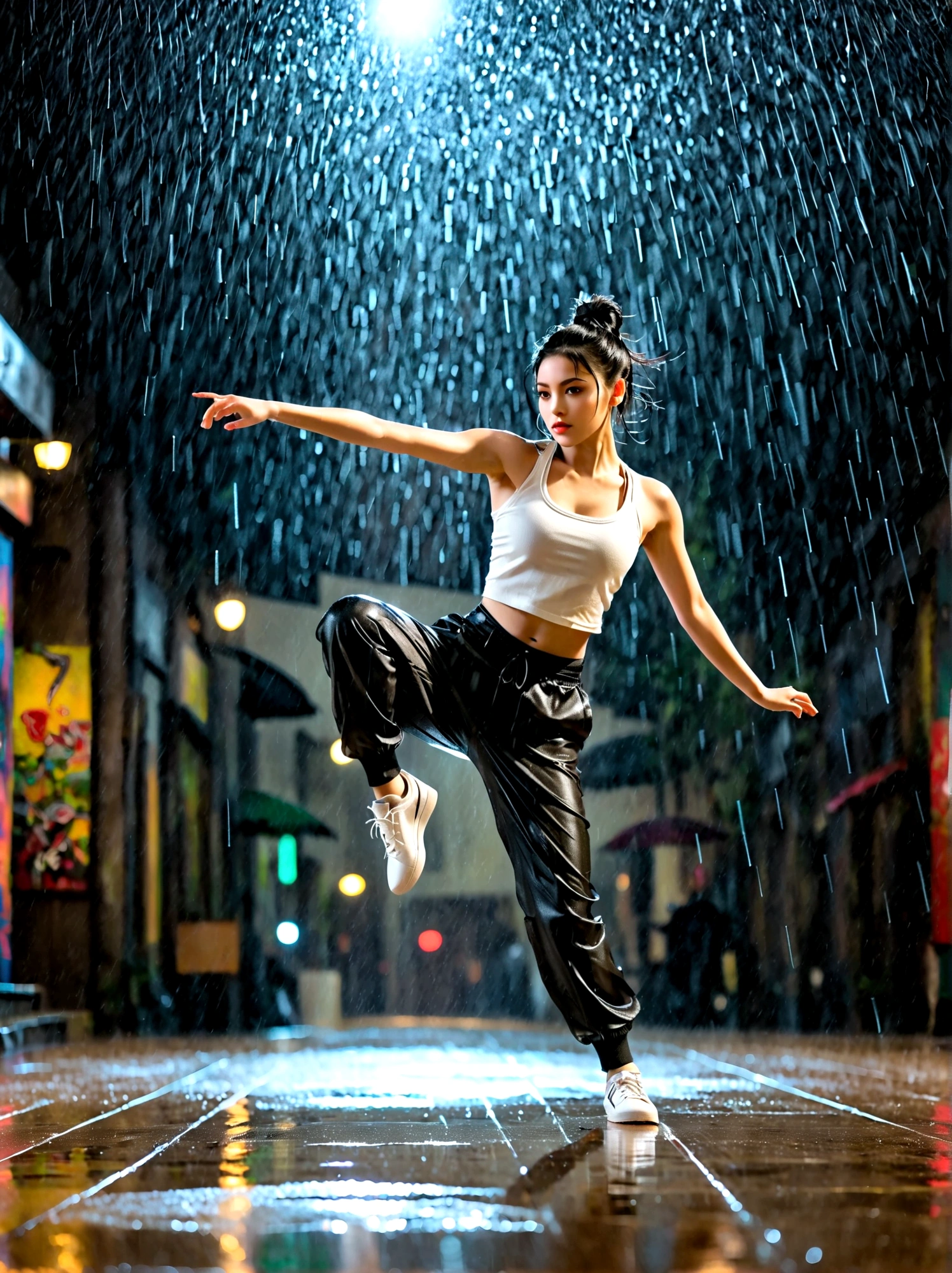 A girl full of energy，Showing off her breakdancing skills on a graffiti-covered urban dance floor，She was barefoot，Loose and comfortable clothes，Perfect for dancing，Her black hair was tied into a high ponytail.，One hand rotation，Spin your feet in the air，In the heavy rain，The scene is filled with cold rain，The audience was impressed，She performed a complex move with ease.，The energy she captures is palpable，The air is filled with the rhythm of street music