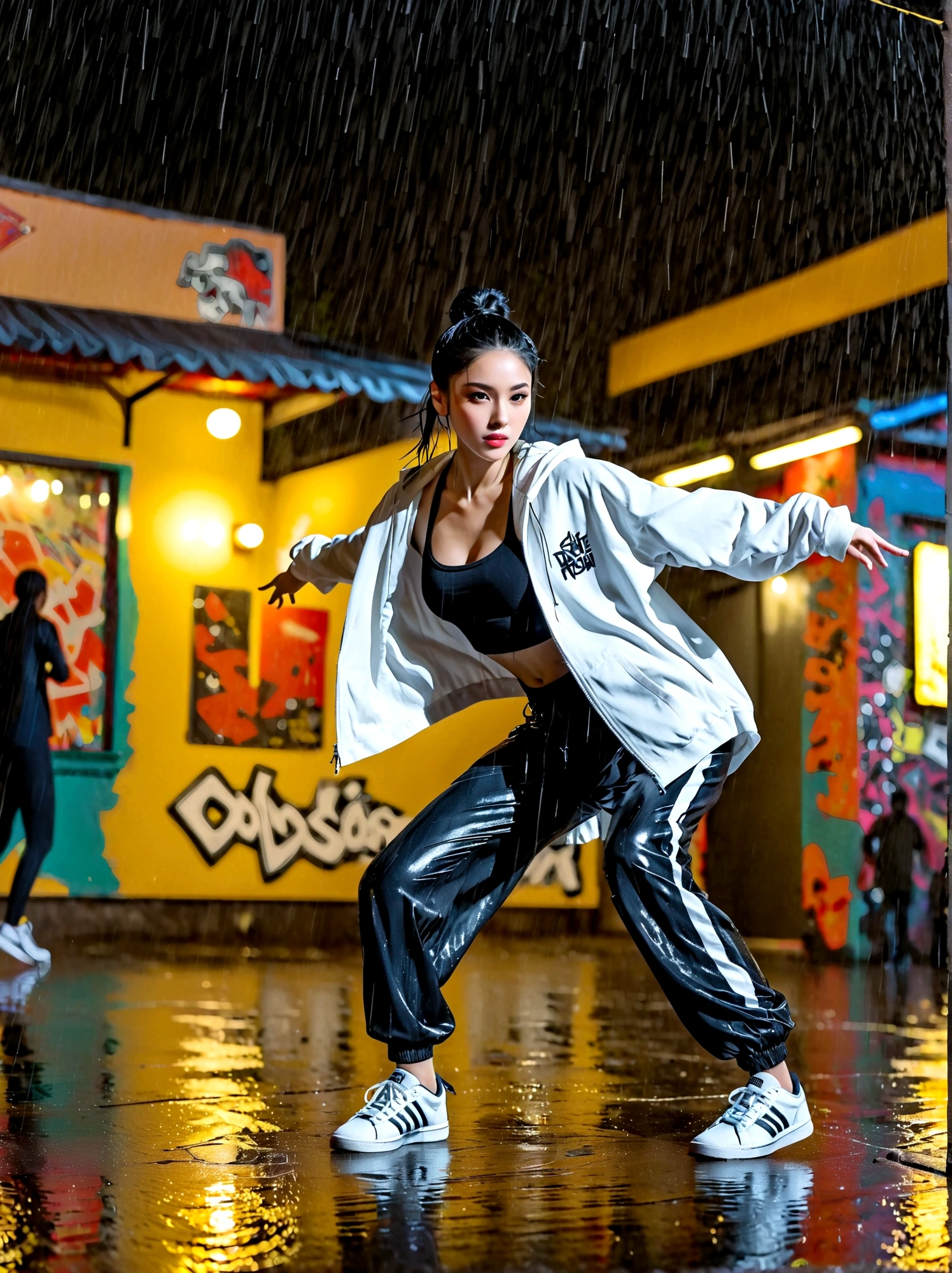 A girl full of energy,Showing off her breakdancing skills on a graffiti-covered urban dance floor,She was barefoot,Loose and comfortable clothes,Perfect for dancing,Her black hair was tied into a high ponytail.,One hand rotation,Spin your feet in the air,(heavy rain:1.5),(The scene is filled with cold rain),The audience was impressed,She performed a complex move with ease.,The energy she captures is palpable,The air is filled with the rhythm of street music