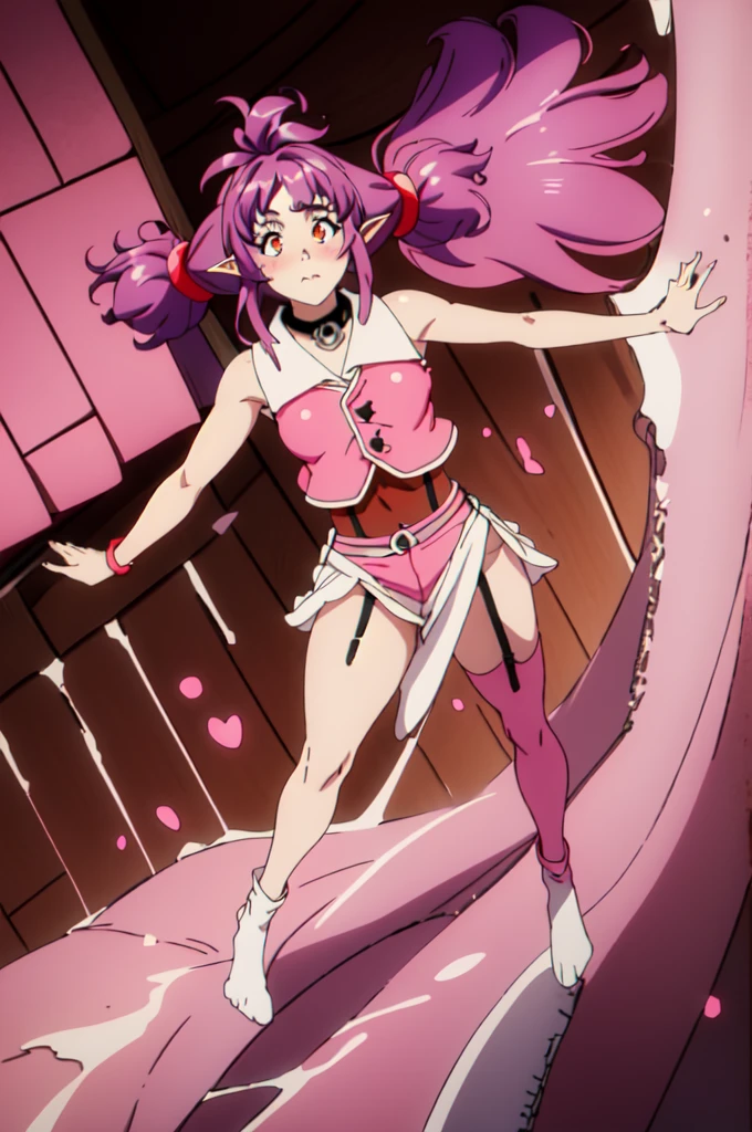 masterpiece, best quality, full body, 1girl, Young female , white scenery background,
BREAK 1girl, beautifully detailed woman, blush,
BREAK pink shirt, black tie, brown vest, sleeveless, ,choker, elf, long pointy ears, purple hair, red eye, hair ornament, twintails, hair tie, sexy pose, full body shot,