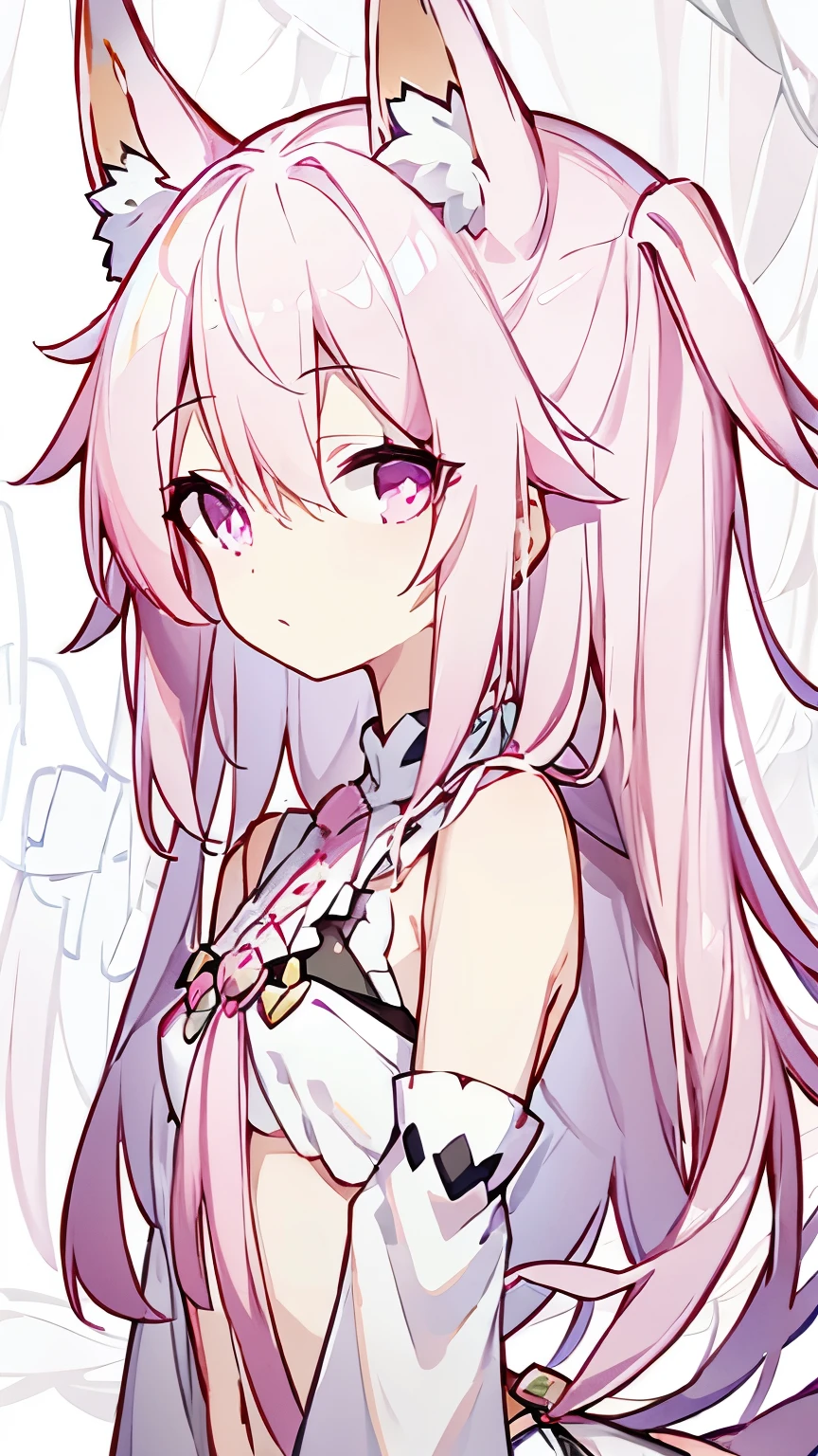 (Pink hair1.2),pupil,flat chest,White clothes,Double tail