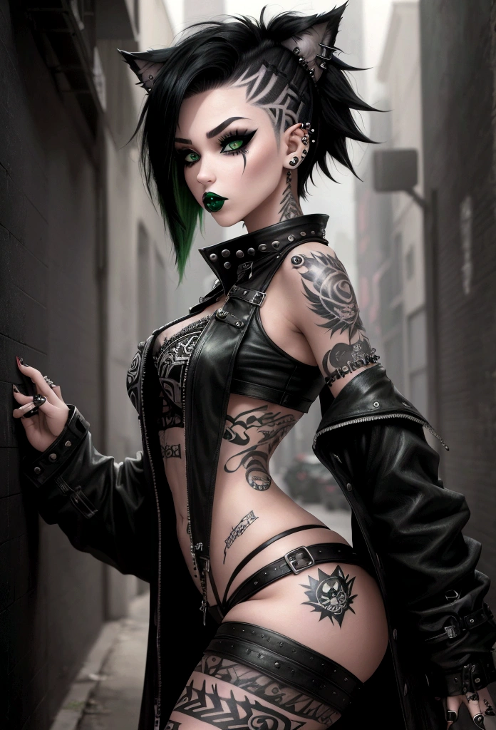 emo girl. Wolf cut hairstyle, black hair, lot of piercings, lot of tattoos, green eyes, medium , big butt, punk clothing, ruined makeup, sensual mouth