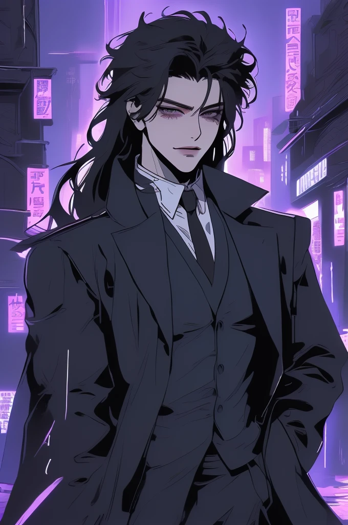 anime man, attractive man with сиреневые глаза while squinting, (adult man), black hair, black loose shirt, (((no decorations on clothes))), beautiful detailed eyes, lilac eyes eyes, squinting, shoulder-length curly hair, (Best quality,4K,8 k,A high resolution,masterpiece:1.2), ultra detailed, dark lighting, A sly smile on his face, ((long hair)), full length