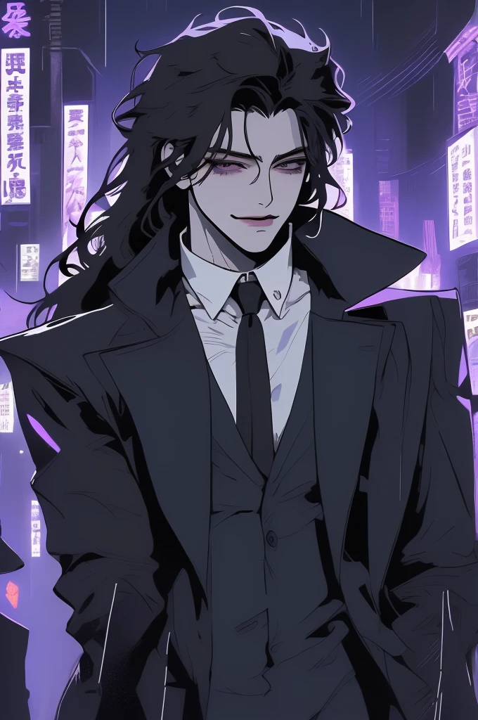 anime man, attractive man with сиреневые глаза while squinting, (adult man), black hair, black loose shirt, (((no decorations on clothes))), beautiful detailed eyes, lilac eyes eyes, squinting, shoulder-length curly hair, (Best quality,4K,8 k,A high resolution,masterpiece:1.2), ultra detailed, dark lighting, A sly smile on his face, ((long hair)), full length