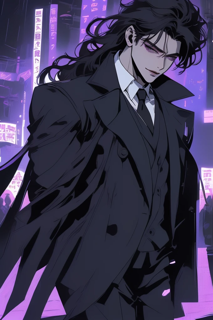 anime man, attractive man with сиреневые глаза while squinting, (adult man), black hair, black loose shirt, (((no decorations on clothes))), beautiful detailed eyes, lilac eyes eyes, squinting, shoulder-length curly hair, (Best quality,4K,8 k,A high resolution,masterpiece:1.2), ultra detailed, dark lighting, A sly smile on his face, ((long hair)), full length