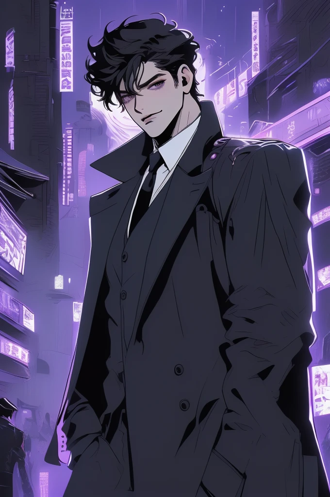 anime man, attractive man with сиреневые глаза while squinting, (adult man), black hair, black loose shirt, (((no decorations on clothes))), beautiful detailed eyes, lilac eyes eyes, squinting, shoulder-length curly hair, (Best quality,4K,8 k,A high resolution,masterpiece:1.2), ultra detailed, dark lighting, A sly smile on his face, ((long hair)), full length