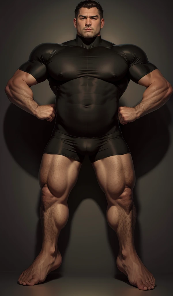 A large, overweight, muscular middle-aged man wearing black bodysuits