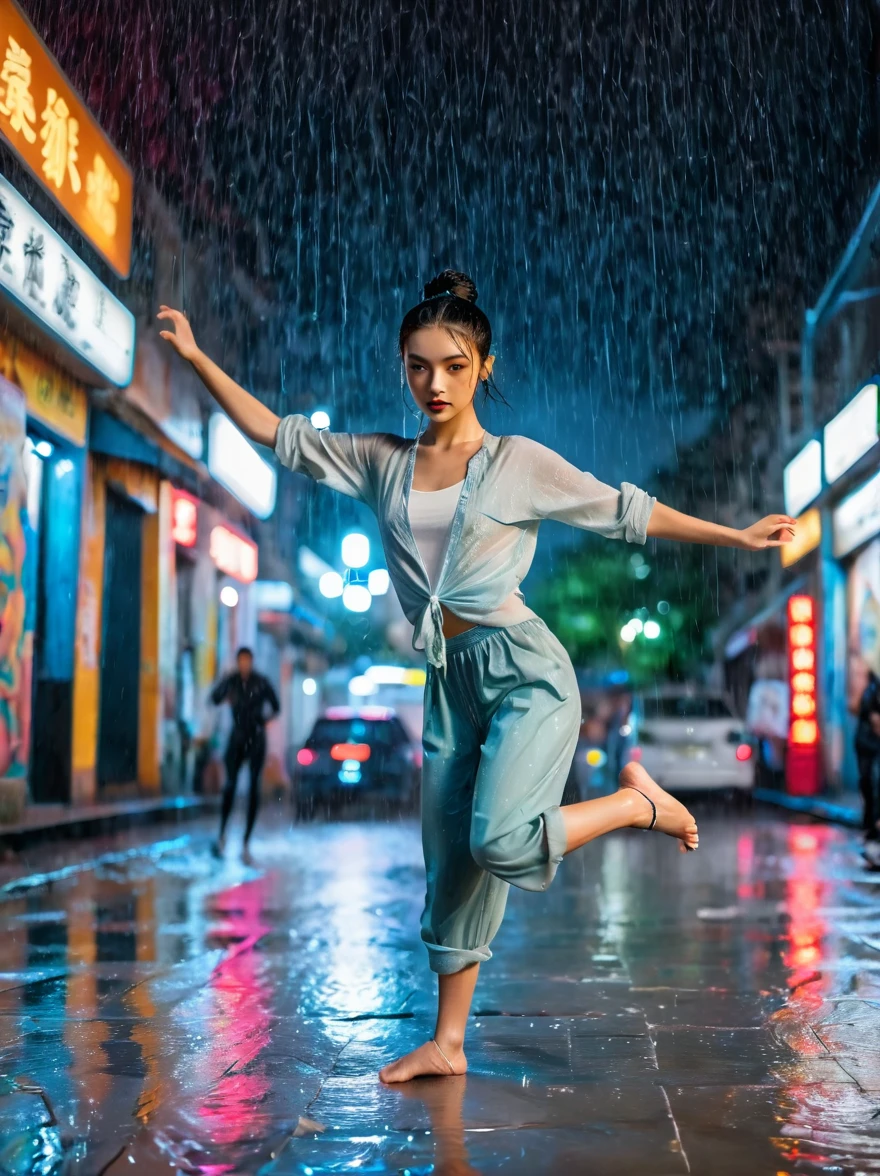 A girl full of energy，Showing off her breakdancing skills on a graffiti-covered urban dance floor，((beautiful eyes))，((Perfect and refined limbs))，She was barefoot，Loose and comfortable clothes，Perfect for dancing，Her black hair was tied into a high ponytail.，One hand rotation，Spin your feet in the air，(heavy rain:1.5)，(The scene is filled with cold rain)，The audience was impressed，She performed a complex move with ease.，The energy she captures is palpable，The air is filled with the rhythm of street music，(masterpiece，Best quality:1.2)，lifelike，Reality，梦幻般的Light芒，错综复杂的detail，Ultra Detailed，detail，High contrast，美丽细致的Light芒，Bright，更多detail，精细发Light，very fine 8K CG wallpaper，Depth of Field，Abuse of color difference，Soft colors，非常精致的Light线，眩Light，Light，Light粒子，reflection