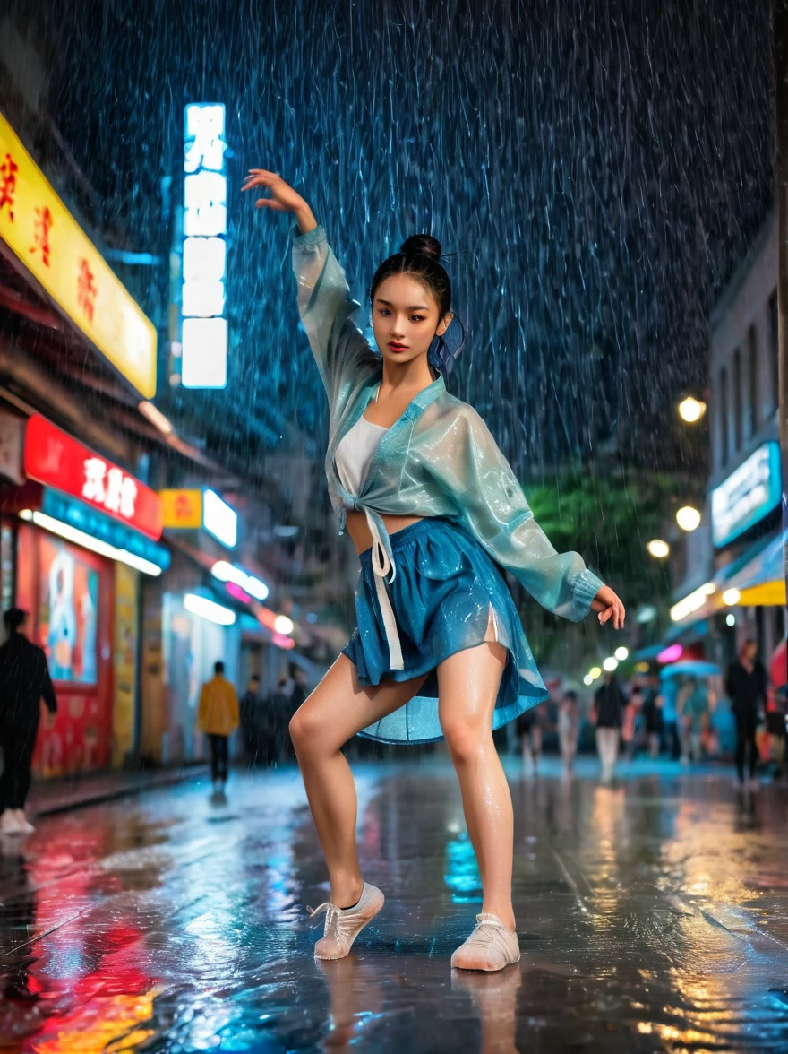 A girl full of energy，Showing off her breakdancing skills on a graffiti-covered urban dance floor，She was barefoot，Loose and comfortable clothes，Perfect for dancing，Her black hair was tied into a high ponytail.，One hand rotation，Spin your feet in the air，In the heavy rain，The scene is filled with cold rain，The audience was impressed，She performed a complex move with ease.，The energy she captures is palpable，The air is filled with the rhythm of street music