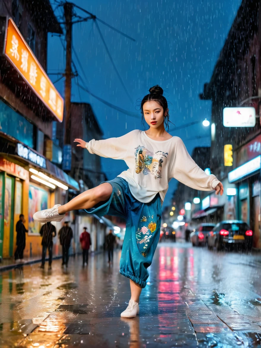A girl full of energy，Showing off her breakdancing skills on a graffiti-covered urban dance floor，She was barefoot，Loose and comfortable clothes，Perfect for dancing，Her black hair was tied into a high ponytail.，One hand rotation，Spin your feet in the air，In the heavy rain，The scene is filled with cold rain，The audience was impressed，She performed a complex move with ease.，The energy she captures is palpable，The air is filled with the rhythm of street music