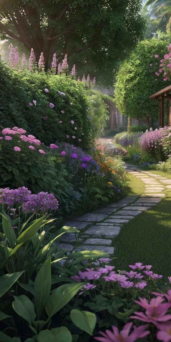 (extremely detailed CG unity 8k wallpaper, masterpiece, best quality, ultra-detailed), (best illumination, best shadow, an extremely delicate and beautiful), flower garden, lush greenery, sunlight streaming through, depth of field, warm and inviting ambiance.