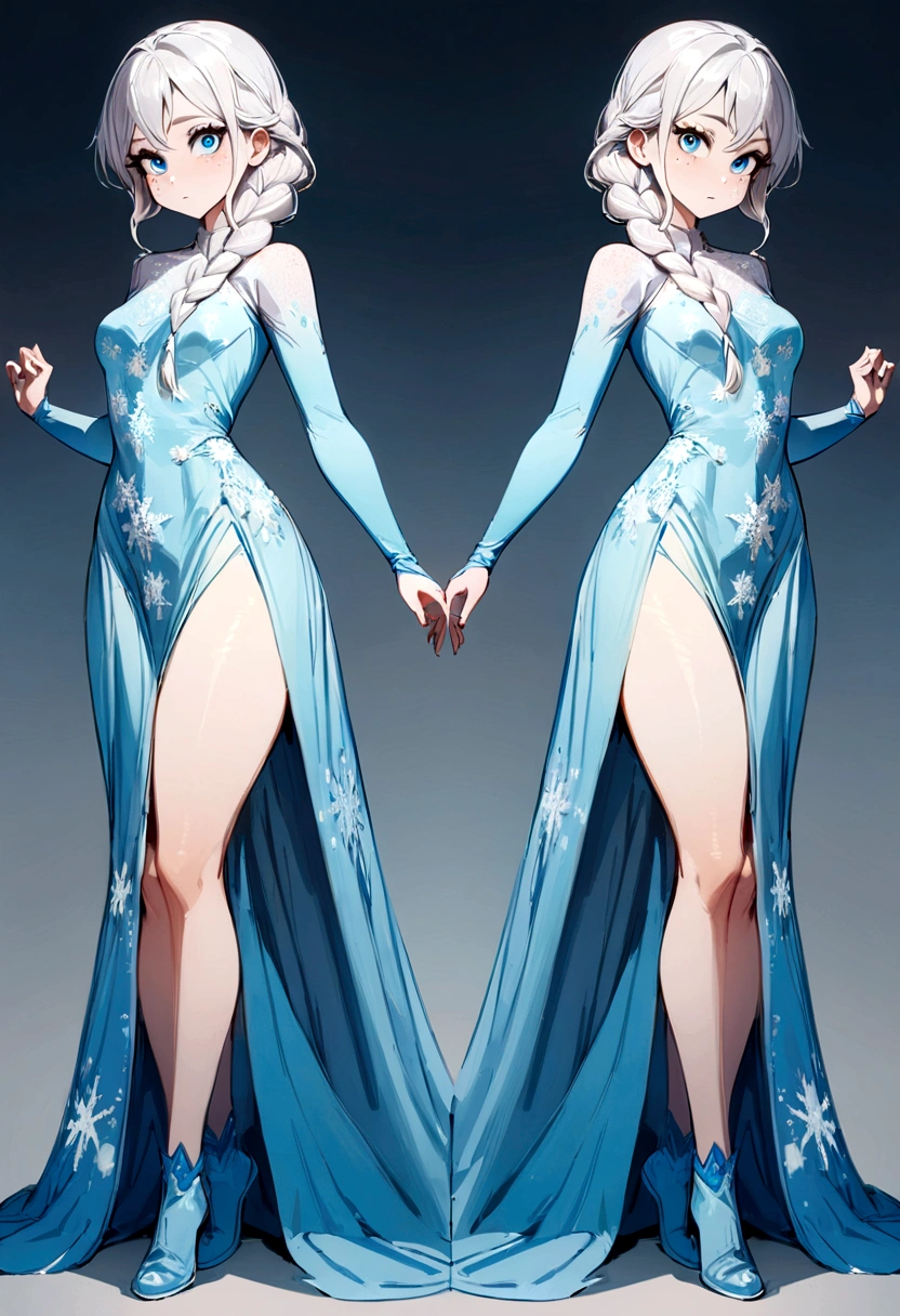 ((best quality)), ((masterpiece)), (detailed), 1girl, elsa from frozen, white hair, thick braided hair, blue dress, blue boots, snowflake on dress, full body, blue eyes, freckles, big eyes