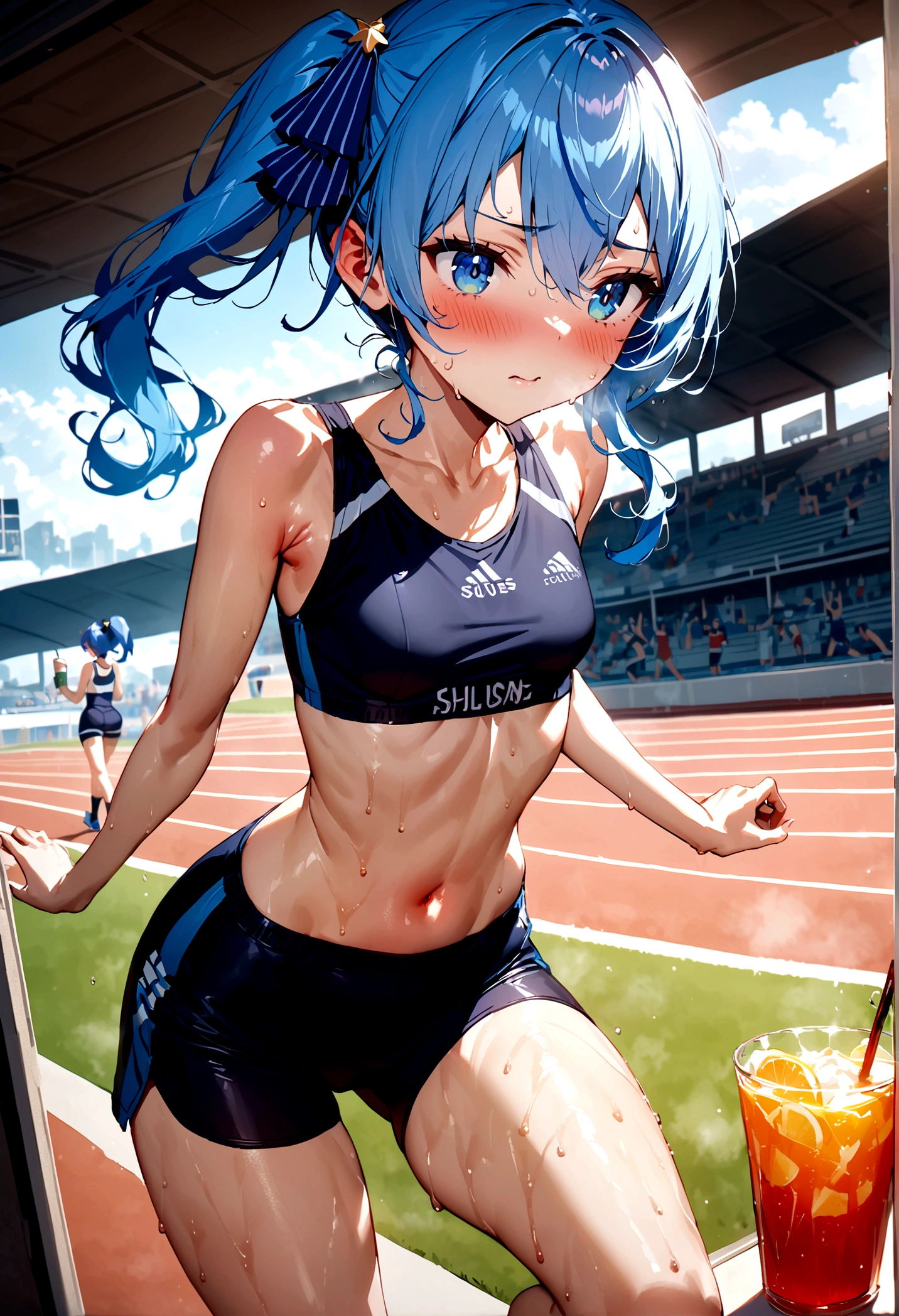 NSFW,masterpiece,Highest quality,High resolution,Super detailed,Star Town Suisei\(Hololive\),Blue Hair,One Side Ponytail,Blue Eyes,Small breasts,Track and field club,Descente Bra Top,Descente One Point Shorts,Streaks,Athletics Stadium,truck,blush,(In heat),Expecting face,(Sweat),Drink