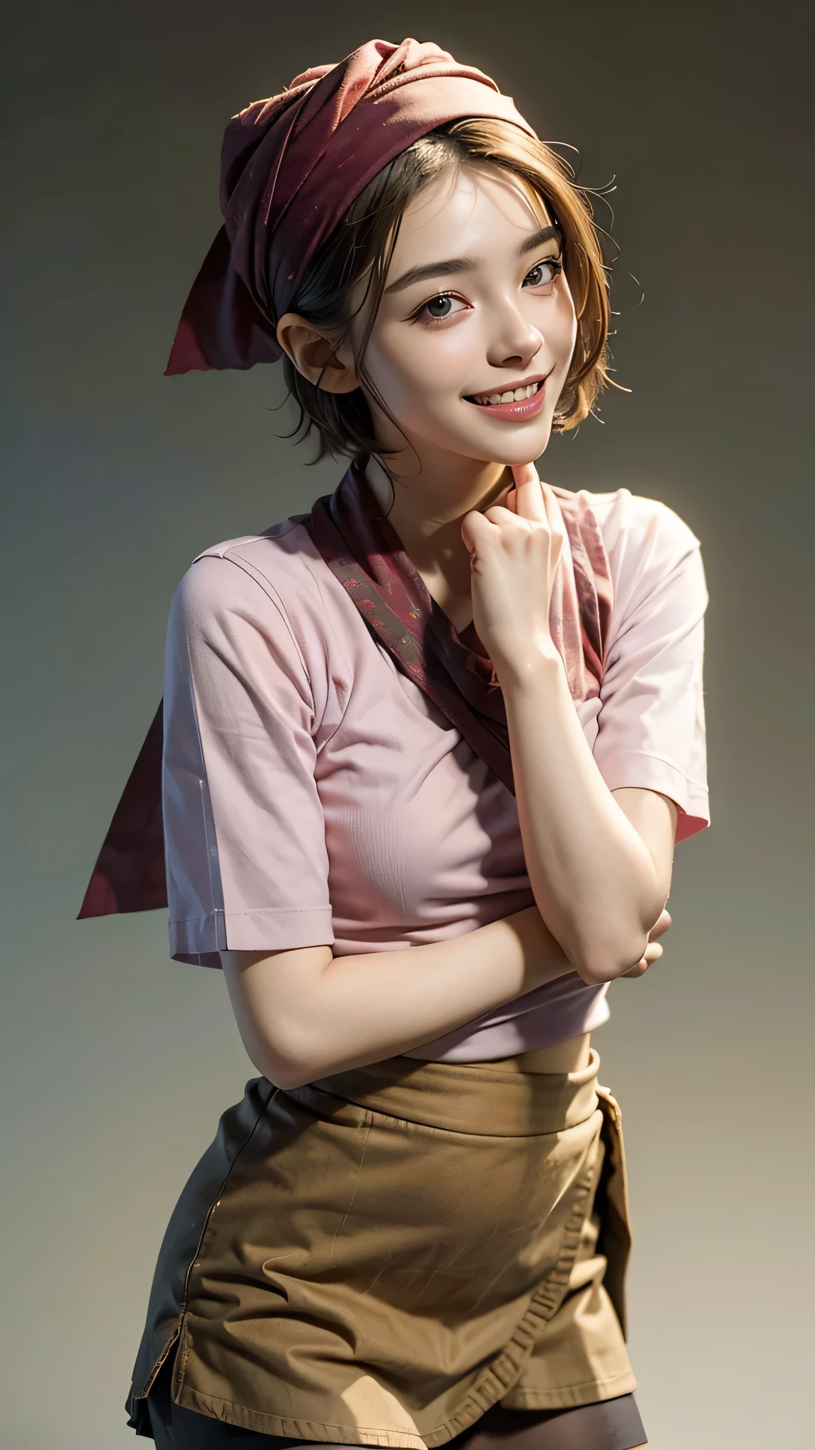 highest quality, masterpiece, ultra high resolution, (realistic:1.4), (portrait facing each other) Raw photo, 1 girl, 20-year-old,((miniskirt uniform)),((short hair)),((wrap a bandana on your head)),((looking up at the viewer)),realistic,((Simple solid color background)), picture media chest)),((toothy smile)),