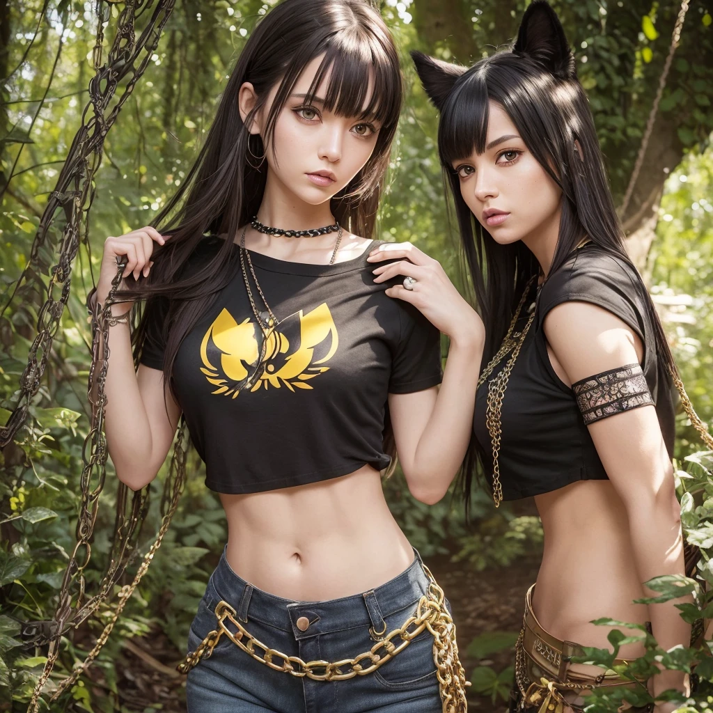 forest, catgirl, black cropped t-shirt adorned with medals and chains, black jeans adorned with chains and patches, beams of sunlight shining through the canopy, yellow eyes, calico fur, beautifully lit, insanely detailed, stunning environment