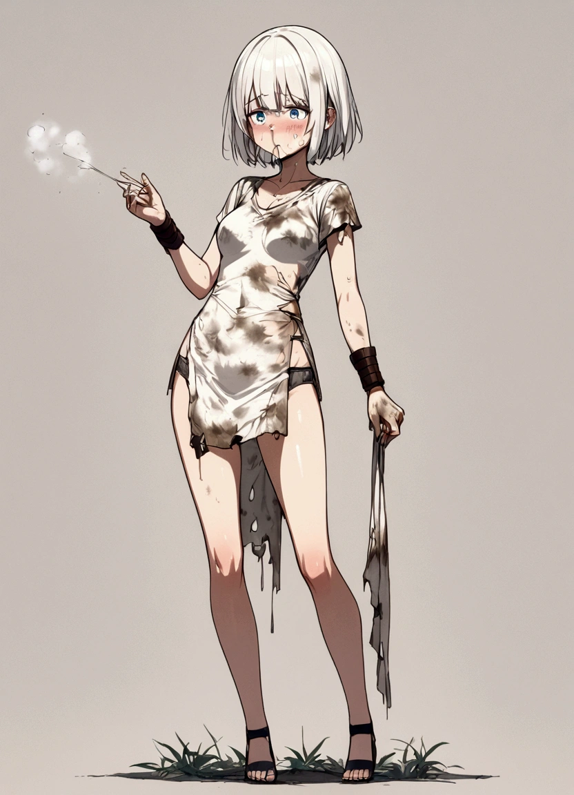 Anime. Young woman. Slave. dirty torn tunic. Dirty torn panties. Cold. Runny nose. Sneeze. Nasal mucus. Snot. Standing. In a lot of growth. Full body.