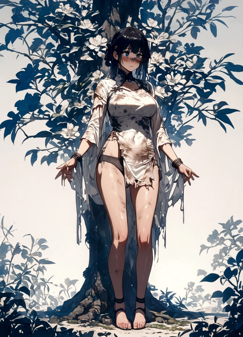 Anime. Young woman. Slave. dirty torn tunic. Dirty torn panties. Cold. Runny nose. Sneeze. Nasal mucus. Snot. Standing. In a lot of growth. Full body.