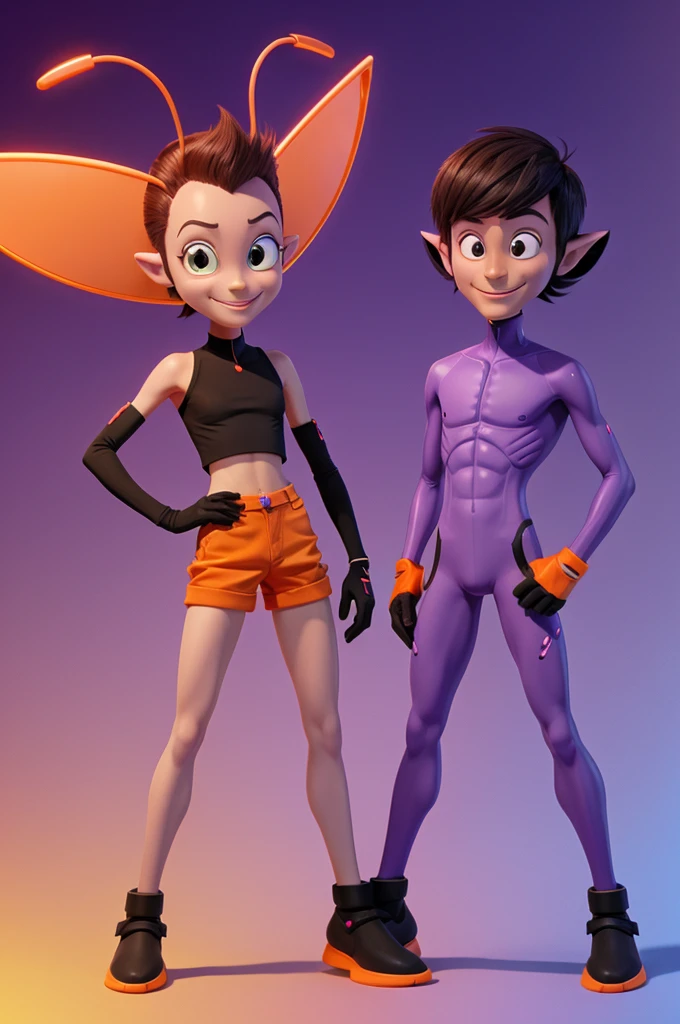 2d animated male alien with purple thin and ,smily face  two antennas above the head,gloves on hands and shoes on feets,two orange eyes 