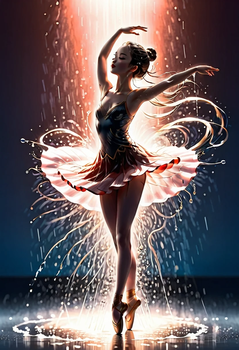 The silhouette of a ballet dancer gradually formed by the rain, 红色background, Digital Art Style, Simple lines,Silhouette of a ballet dancer dancing beautifully from above, 暴雨 dancing with the light Simple lines, Silhouette Art, background, illustration, 暴雨background, cartoon, 纯色background, texture, lotus, Warm atmosphere, Mysterious feeling, Dancing in the heavy rain, A style that displays waterspouts and light