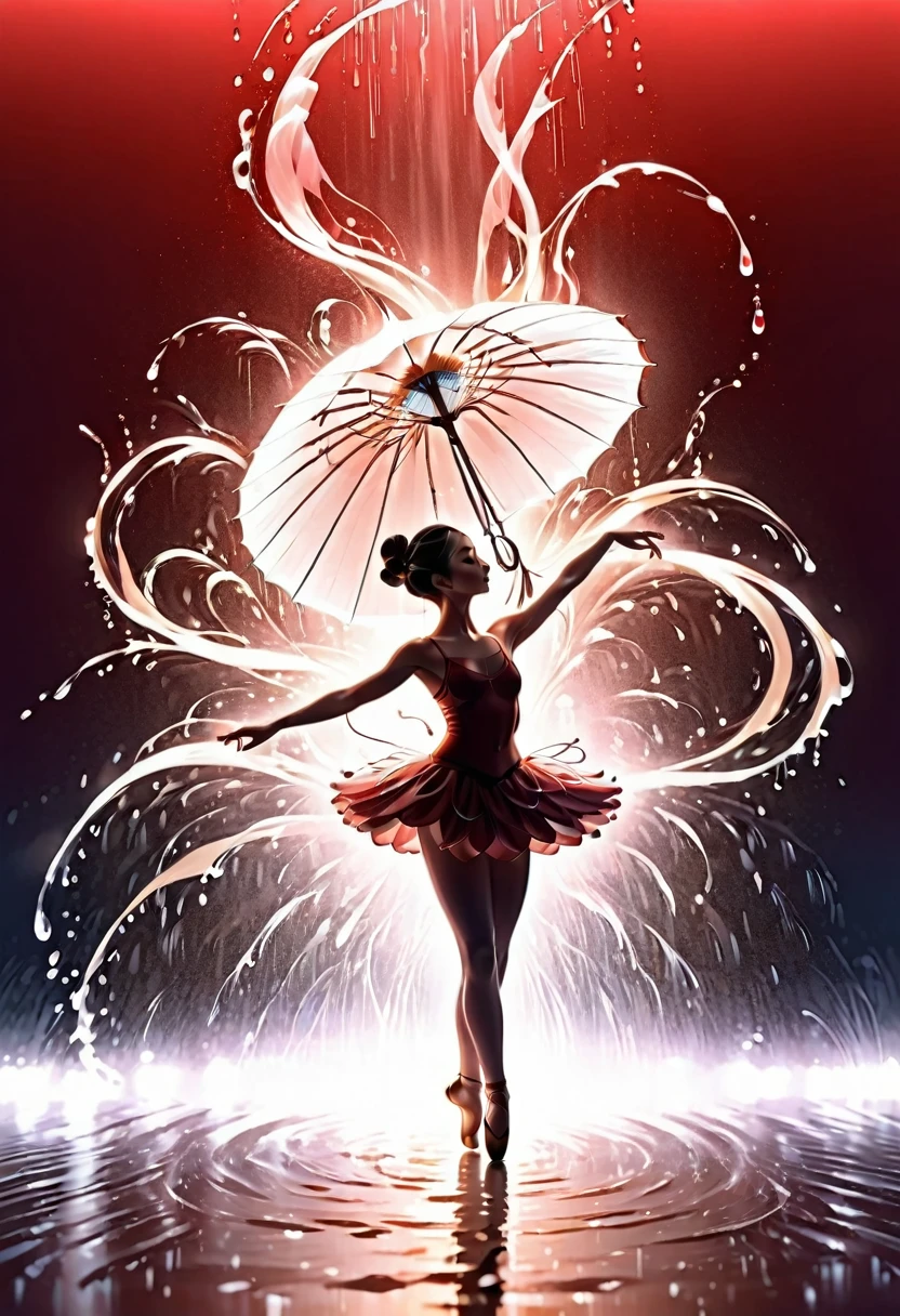 The silhouette of a ballet dancer gradually formed by the rain, 红色background, Digital Art Style, Simple lines,Silhouette of a ballet dancer dancing beautifully from above, 暴雨 dancing with the light Simple lines, Silhouette Art, background, illustration, 暴雨background, cartoon, 纯色background, texture, lotus, Warm atmosphere, Mysterious feeling, Dancing in the heavy rain, A style that displays waterspouts and light