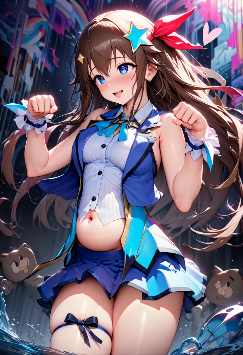 Sorabase, Long Hair, Star hair ornament, Hair Ribbon, blue eyes, Blue Vest, Sleeveless shirt, Red ribbon, belly button, Wrist cuff, Blue Skirt, Blue knee socks, Thigh ribbon, West Cape,(masterpiece),(Highest quality),(Super detailed),(Best illustrations),(Best Shadow),(Absurd),(Detailed Background),(so beautiful), 16K, 4K, (so beautiful), One person, alone, curvy, , , fluorescent pink eyes, expelled from paradise, , , Oculogyric crisis, , Perfect figure, heart-shaped pupils, , , paw pose, Arched back, , , orgasm, afterglow, erotic smile, , , , , , Sexy posture, dynamic pose, , cross-eyed, rolling eyes, , water eyes, , , , , , saliva trail, , shiny skin, Taking illegal drugs, , torogao, ahegao, BREAK, , Dramatic lighting, Psychedelic Background, Clear liquid, , night, , Hypnosis assignment, Torrent of Light, mysterious, spoken hearts,