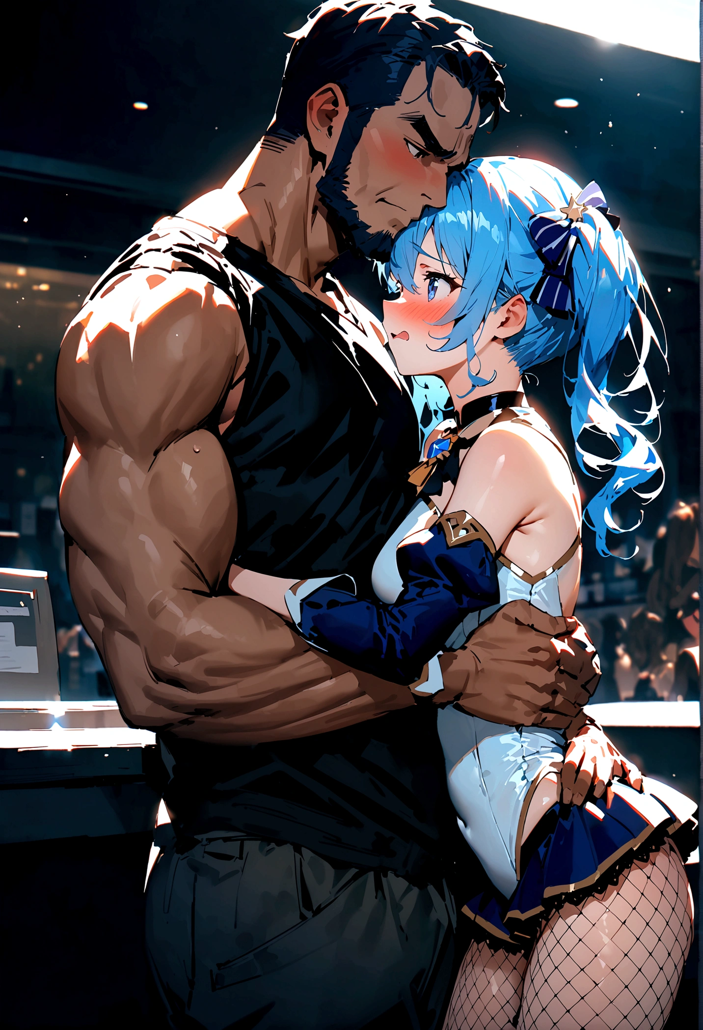 NSFW,masterpiece,Highest quality,High resolution,Super detailed,Star Town Suisei\(Hololive\),Blue Hair,One Side Ponytail,Blue Eyes,Small breasts,White leotard,High leg,Removable sleeves,Micro Mini Skirt,Fishnet tights,Adventurer&#39;s Guild,Reception counter,Embarrassed,blush,Expecting face,(Molester),(Strong-faced men),A man puts his hands on her waist and hugs her,Surrender,A relieved face,Get close,From the side