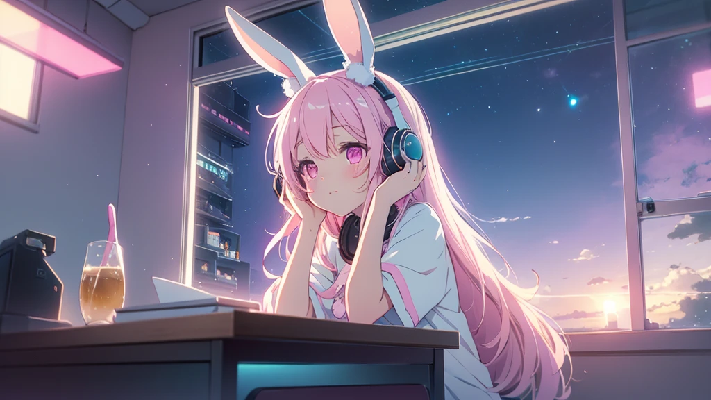 Highest quality, pretty girl, pastel colour, Fluffy bunny ears, Pink long hair,Pale pink eyes,You can see the starry sky from the window,Chill Pop,Lo-Fi,Wearing pink headphones