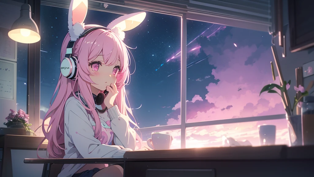 Highest quality, pretty girl, pastel colour, Fluffy bunny ears, Pink long hair,Pale pink eyes,You can see the starry sky from the window,Chill Pop,Lo-Fi,Wearing pink headphones