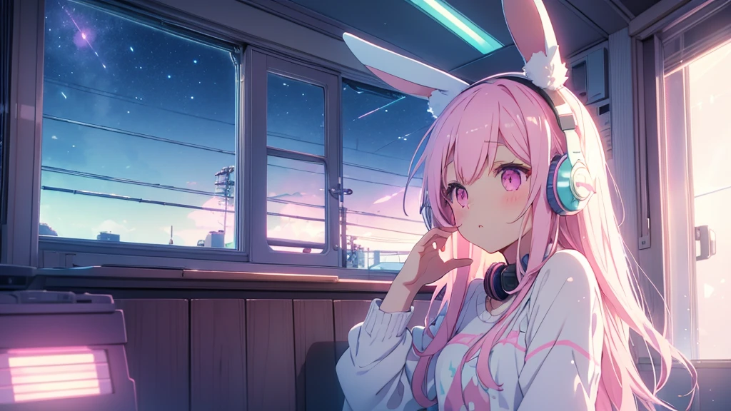 Highest quality, pretty girl, pastel colour, Fluffy bunny ears, Pink long hair,Pale pink eyes,You can see the starry sky from the window,Chill Pop,Lo-Fi,Wearing pink headphones