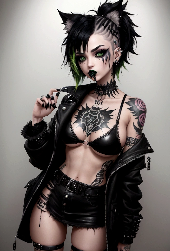 emo girl. Messy hair, wolf_cut hairstyle, black hair, lot of piercings, lot of tattoos, green eyes, medium , big butt, punk clothing, ruined makeup, sensual mouth