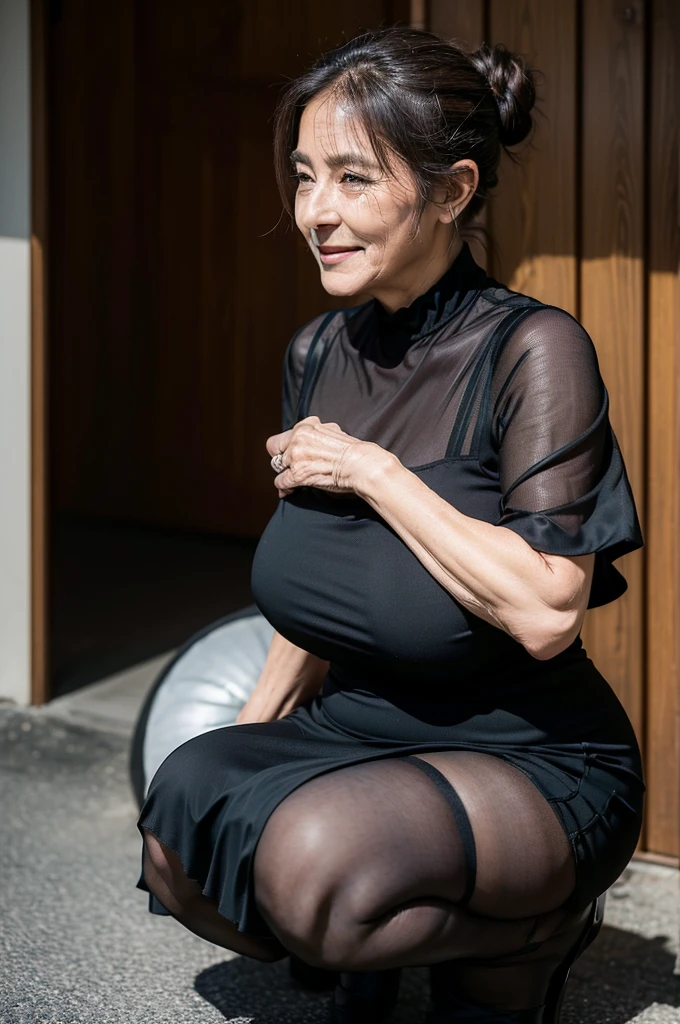 (masterpiece:1.4),(Beautiful 67 year old woman:1.5),(Facial wrinkles : 1.2), (facing away : 1.1), smile, (hair : 1.1), (short-sleeve black mourning dress), (black nylon tights : 1.2), (black high-heel), Motherhood Mature plump arms, plump thighs, (focus on thighs : 1), squatting , on knees, entrance, japanese house