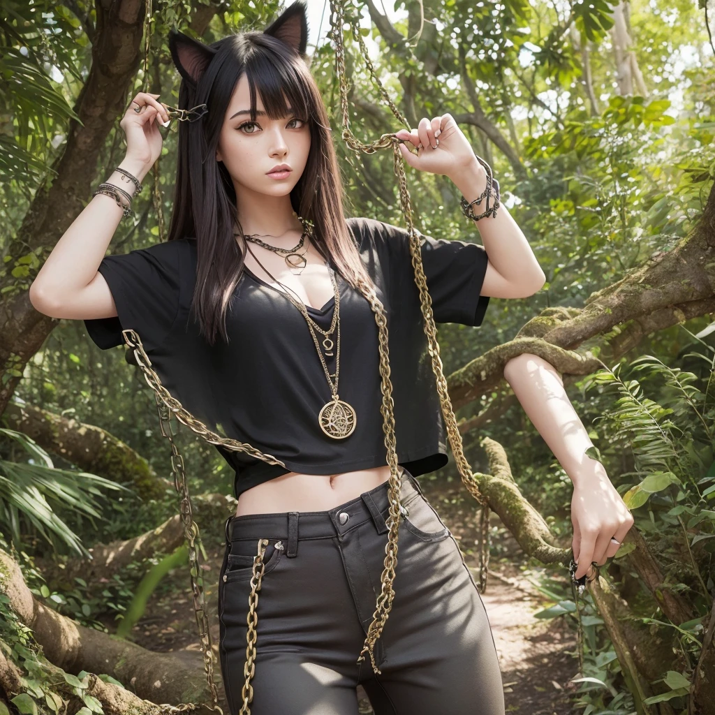 forest, catgirl, black cropped t-shirt adorned with medals and chains, black jeans adorned with chains and patches, beams of sunlight shining through the canopy, yellow eyes, calico fur, beautifully lit, insanely detailed, stunning environment
