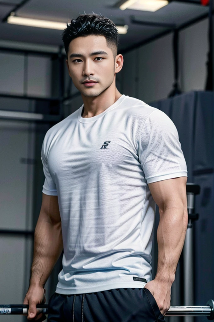 Masterpiece, best quality, high resolution, realistic, handsome, Take beautiful photos, Sayk, NRF, Photo of the 35 year old gym association (man:1.2) Portrait, standing in the gym , make military media, weight, Amazing , Buzzcut short hair,stubble head , (Hyper Muscle),looking at the audience, Flirt with the camera, charming, (Tight white exercise shirt ),(GS-Male:1), 8k uh