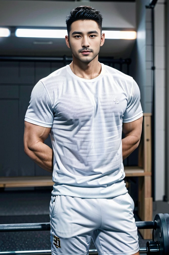 Masterpiece, best quality, high resolution, realistic, handsome, Take beautiful photos, Sayk, NRF, Photo of the 35 year old gym association (man:1.2) Portrait, standing in the gym , make military media, weight, Amazing , Buzzcut short hair,stubble head , (Hyper Muscle),looking at the audience, Flirt with the camera, charming, (Tight white exercise shirt ),(GS-Male:1), 8k uh