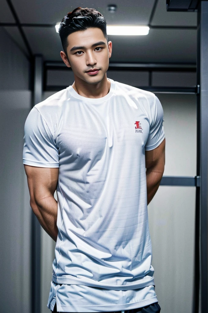 Masterpiece, best quality, high resolution, realistic, handsome, Take beautiful photos, Sayk, NRF, Photo of the 35 year old gym association (man:1.2) Portrait, standing in the gym , make military media, weight, Amazing , Buzzcut short hair,stubble head , (Hyper Muscle),looking at the audience, Flirt with the camera, charming, (Tight white exercise shirt ),(GS-Male:1), 8k uh