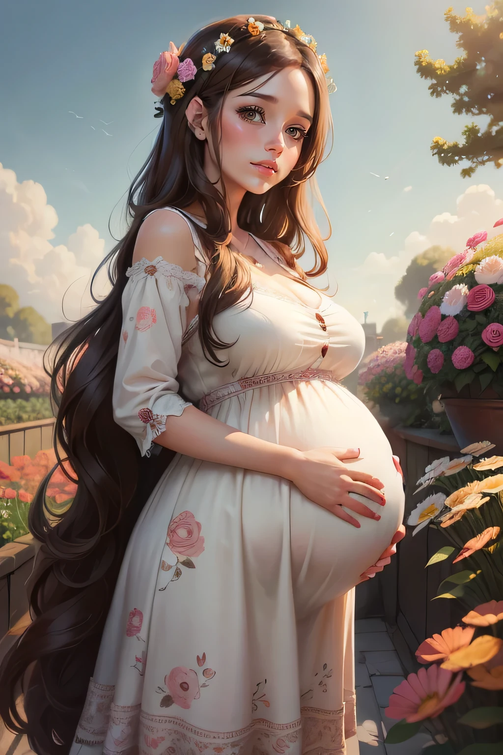a painting of a pregnant woman with long brown hair, digital cartoon painting art, beautiful digital illustration, cute digital art, a beautiful artwork illustration, cartoon digital painting, blur floral garden open sky background