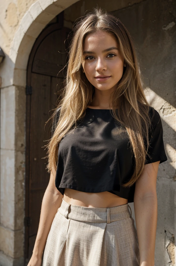 la photographie, Blonde Woman, 30 ans ,size 1,75m, long hair, in black skirt and blouse, sunny day, ssmile, texture de peau réaliste, pores de la peau detailede , tanned skin, texture de peau du corp réaliste et detailed , Natural light, well lighted, best quality, high resolution, detailed