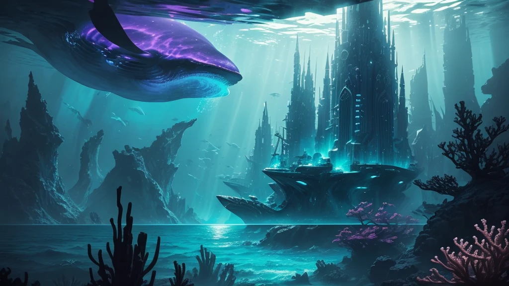 "A high-resolution, realistic, fantastical, and serene deep-sea city scene viewed from the ocean floor looking up towards the water surface. The city is very large with futuristic buildings, domes, and spires, completely submerged in clear emerald green water. The scene has a magical and tranquil atmosphere, with soft glowing lights illuminating the city. The water is deep, creating a darker and more mysterious environment. In the background, the silhouette of a whale can be seen. The city is surrounded by vibrant marine life and coral formations, capturing the enchanting beauty of the underwater city. The theme color is Purple and Cyan blue, highlighting the underwater environment. The aspect ratio is 16:9."