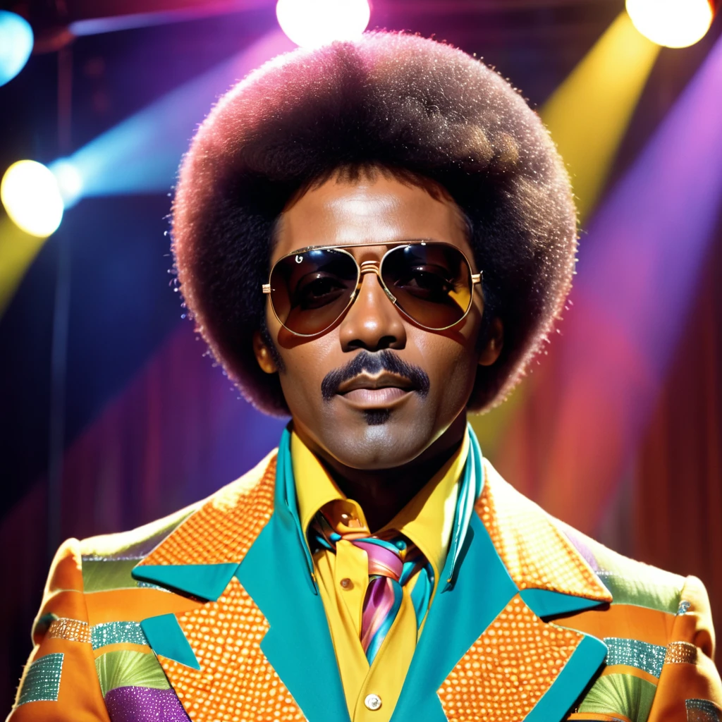 A closeup photo of Luther Diamond, a fictional 1970s R&B superstar. Luther has a stylish afro hairstyle, large aviator sunglasses, and a confident expression. He is dressed in a flashy, colorful suit with wide lapels and a bold pattern, embodying the vibrant fashion of the 1970s. The background features a stage with vibrant lighting, capturing the energetic atmosphere of a live performance. This image showcases Luther as a charismatic and legendary performer from the era.
